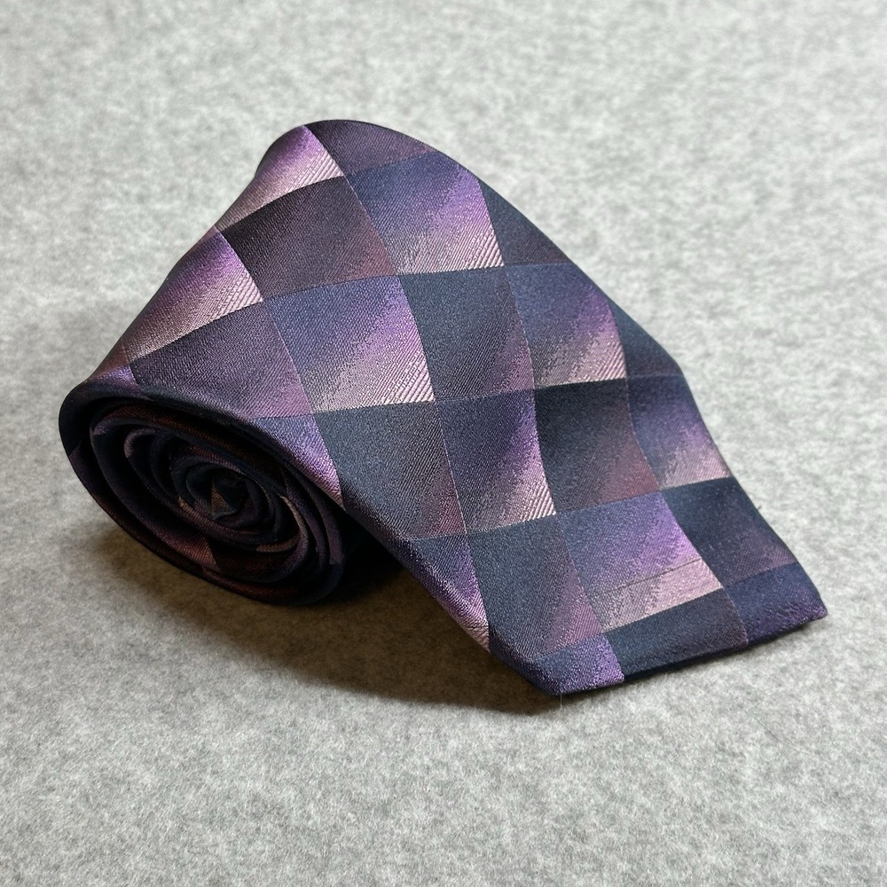 Vintage Bugatti Purple Black Check Geometric Silk Tie Made USA Mens